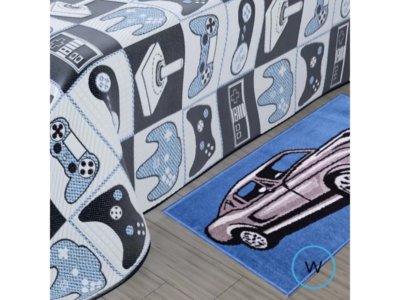 Alfombra Para Dormitorio Infantil Diseño Auto Azul y Gris